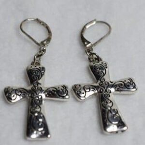 Unique Western Cross Engraved Silver Tone French Clip Stunning Earrings